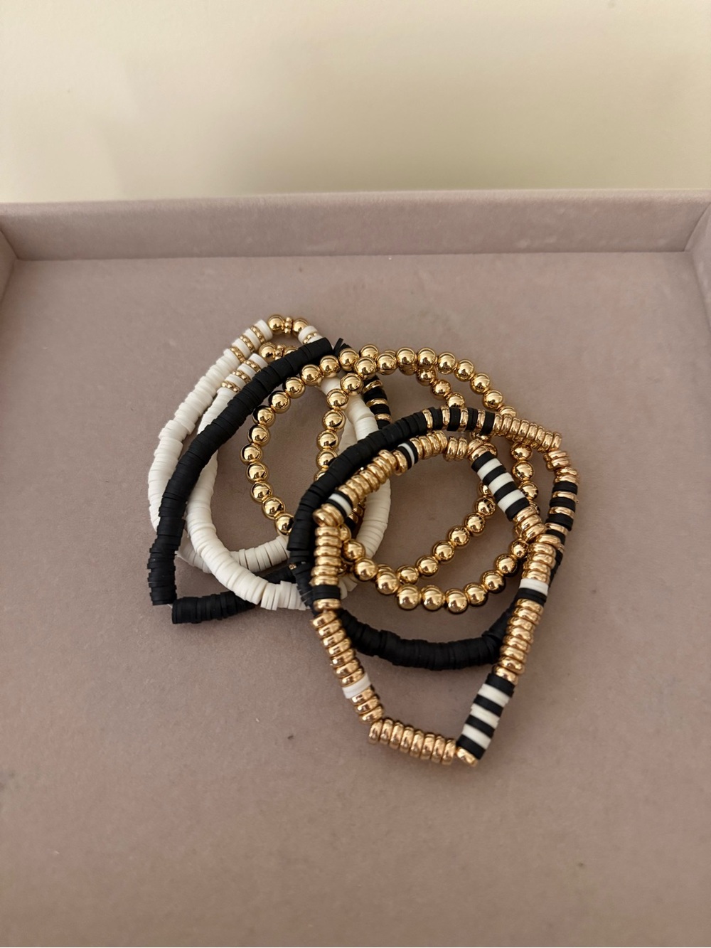 Gold, Black & White Stacked Beaded Bracelets - Set of 5